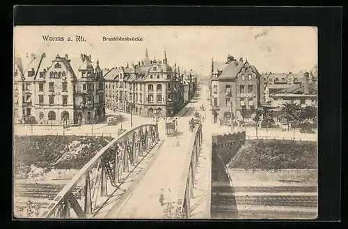 AK Worms a. Rh., Brunhildenbrücke mit Strassenbahn