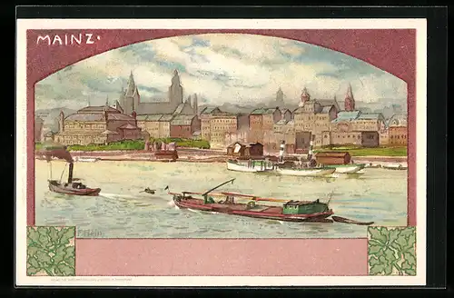 Künstler-AK Franz Hein: Mainz, Hafen mit Blick auf die Stadt