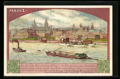 Künstler-AK Franz Hein: Mainz, Hafen mit Blick auf die Stadt