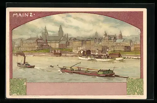 Künstler-AK Franz Hein: Mainz, Panorama mit Dampfern