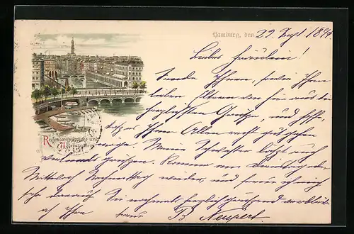 Lithographie Hamburg, Reesendammbrücke und Alsterarkaden