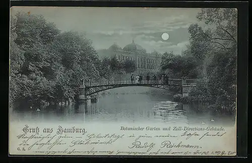 Mondschein-AK Hamburg-St.Pauli, Botanischer Garten und Zoll-Directions-Gebäude