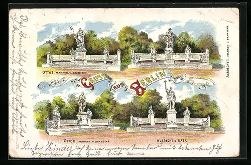 Lithographie Berlin-Tiergarten, Otto I. Markgraf von Brandenburg, Otto II. Markgraf von Brandenburg, Albrecht der Bär