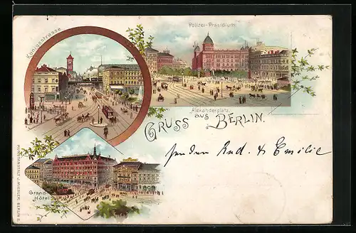 Lithographie Berlin, Grand Hotel, Alexanderplatz, Polizei-Präsidium, Königsstrasse