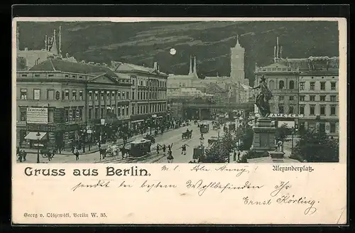 Mondschein-AK Berlin, Alexanderplatz bei Nacht