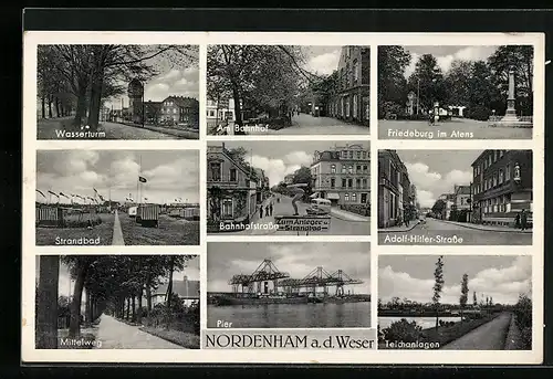 AK Nordenham, Wasserturm,  Strasse, Pier, Strandbad, Am Bahnhof