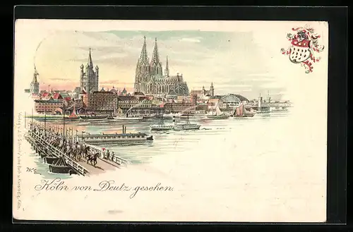 Lithographie Köln-Deutz, Stadtansicht mit Dom, Stadtwappen