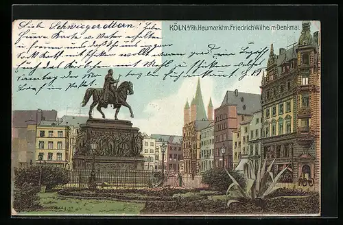 Lithographie Köln /Rh., Heumarkt mit Friedrich-Wilhelm-Denkmal