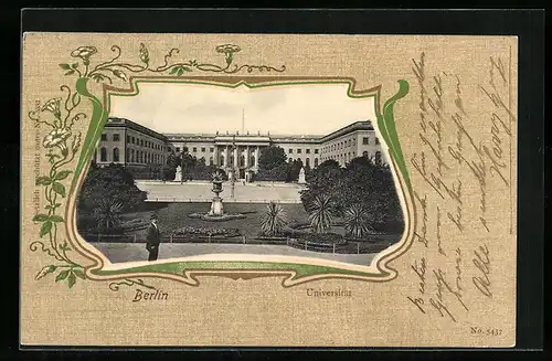 Passepartout-AK Berlin, Universität mit Anlagen und Passant