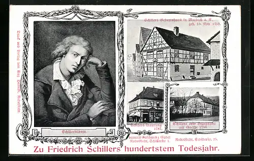 AK Marbach, Schillerbildnis, Schillers Geburtshaus, Schillers Wohnung, Schillers erste Begegnung mit Goethe