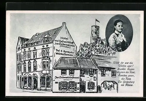 Künstler-AK Bad Godesberg, Gasthaus zur Lindenwirtin / Ännchen mit Portrait der Wirtin, rückseitig Gedicht