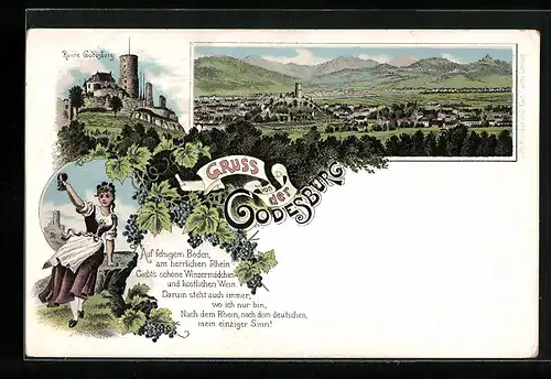 Lithographie Bad Godesberg, Ortsansicht, Ruine Godesberg, Trachtenmädchen