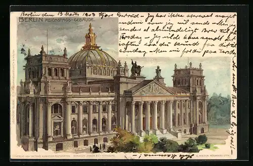 Lithographie Berlin-Tiergarten, Reichstags-Gebäude aus der Vogelschau