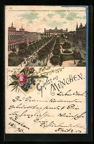 Lithographie München, Maximilianstrasse mit Regierungsgebäude, Nationalmuseum und Maximilianeum