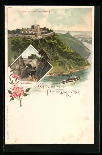 Lithographie Petersberg a. Rh., Hotel auf dem Petersberg, Zahnradbahn