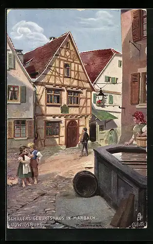Künstler-AK Marbach, Schiller`s Geburtshaus mit Brunnen