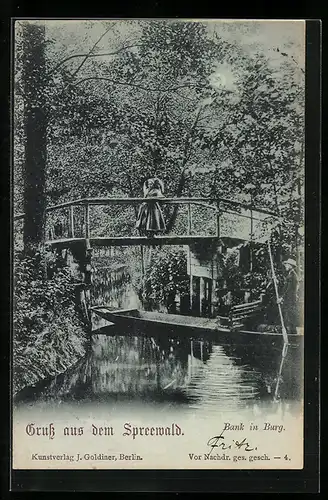 Mondschein-AK Burg, Gruss aus dem Spreewald, Bank in Burg