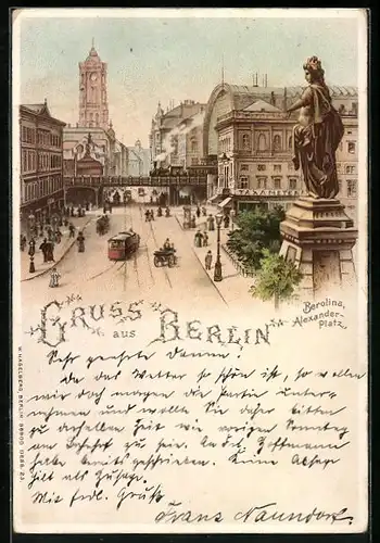 Lithographie Berlin, Berolina und Alexander-Platz, Strassenpartie mit Strassenbahn