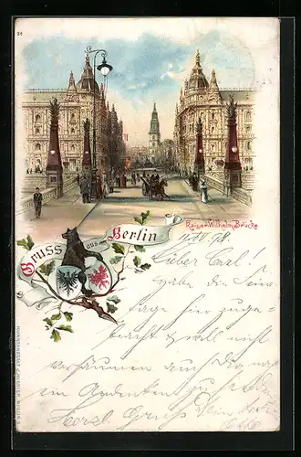 Lithographie Berlin, Kutschen und Passanten auf der Kaiser-Wilhelm-Brücke, Kaiser-Wilhelm-Strasse