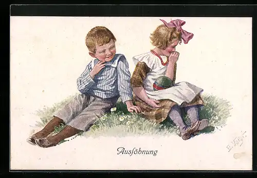 Künstler-AK sign. E. Voigt: Aussöhnung, Zwei Kinder bei ihrem Versuch sich zu Versöhnen