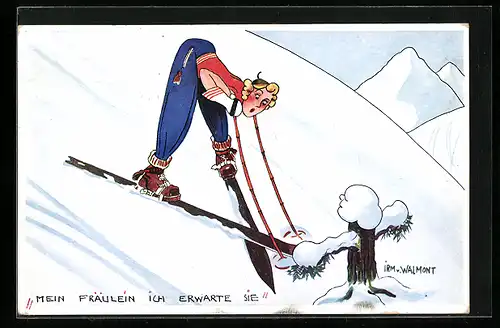 Künstler-AK sign.: Irm v. Walmont, Frau fährt unbeholfen Ski