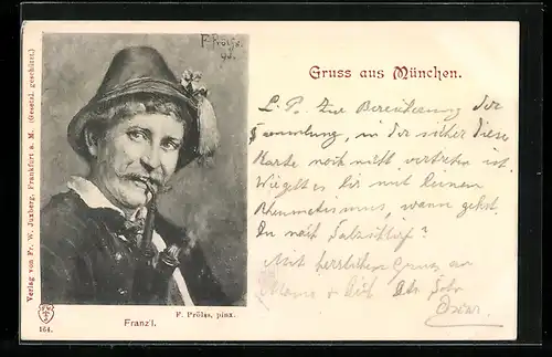 Künstler-AK sign. F. Prölss: Franz`l mit Pfeife und Hut