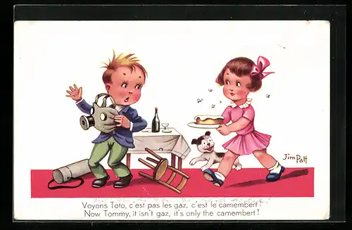 Künstler-AK sign. Jim Patt: Mädchen kommt mit Camembert und Fliegen, Junge hat eine Gasmaske parat