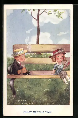 Künstler-AK sign. Albert Carnell: Fancy meeting you, nachmittags auf einer Parkbank