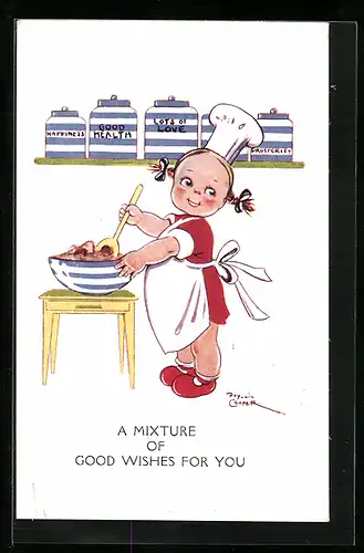 Künstler-AK sign. Phyllis Cooper: Kleines Mädchen mit Kochmütze rührt in einer Schüssel