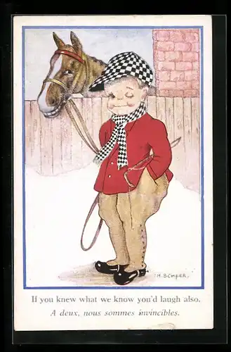 Künstler-AK sign. M. B. Cooper: Lachendes Pferd und Reiter mit verschmitztem Lächeln