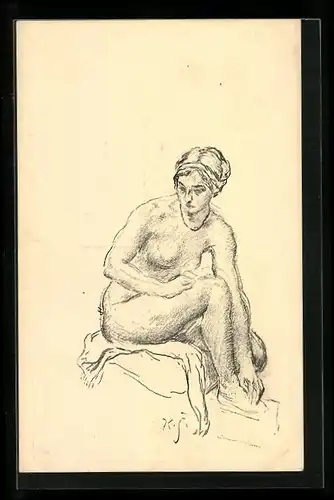 Künstler-AK sign. Karel Spillar: Kresba, Nackte Frau auf einem Kissen sitzend