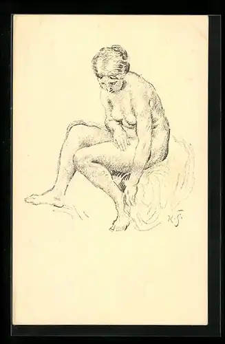 Künstler-AK sign. Karel Spillar: Kresba, Nackte Frau greift nach ihrem Tuch