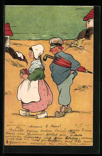 Künstler-AK sign. May Gladwin: Mann mit Schirm und Frau mit Büchern