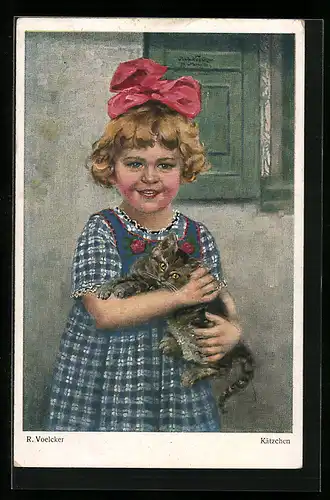 Künstler-AK sign. R. Voelcker: Mädchen mit einem Kätzchen auf dem Arm