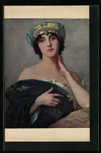 Künstler-AK sign. R. Sauber: Frau mit edlem Kopfschmuck und Schulterfrei