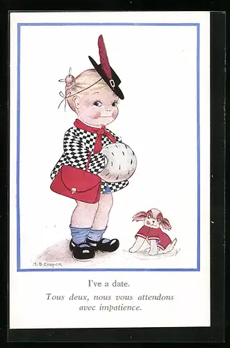 Künstler-AK I`*ve a date, Kleine Dame und Hund