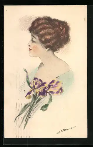 Künstler-AK sign. Col. J. Neumann: Hübsche brünette Dame mit Blumenstrauss