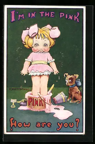 Künstler-AK sign. Ernest Page: Mädchen steht in pinkem Farbeimer