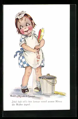 Künstler-AK sign. Gwen Hayward Young: Mädchen beim Putzen