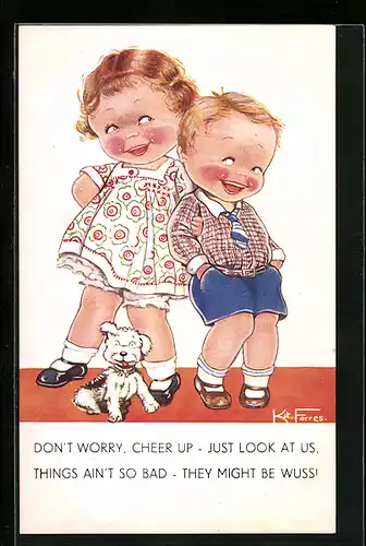Künstler-AK sign. K. Forres: Gutgelauntes kleines Paar mit Hund