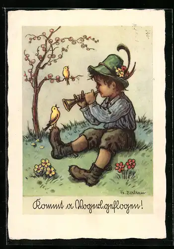 Künstler-AK sign. F. Bertram: Knabe mit Schalmei und Vogel musizieren um die Wette