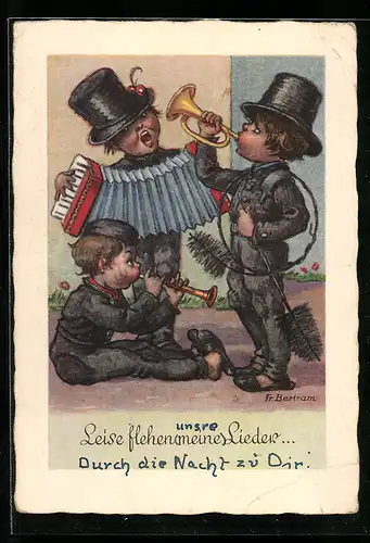Künstler-AK sign.: Fr. Bertram, Schornsteinfeger beim musizieren