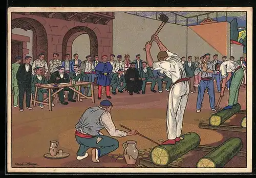 AK Spanier mit Beilen auf Stämmen vor einer Menschengruppe