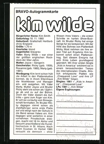 AK Portrait der Sängerin Kim Wilde
