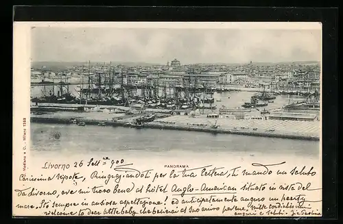 AK Livorno, Panorama des Hafens, Segelschiffe
