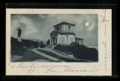 Mondschein-AK Arona, Statua e Chiesa di S. Carlo