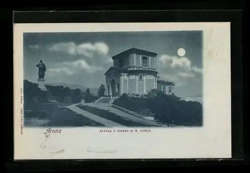 Mondschein-AK Arona, Statua e Chiesa di S. Carlo