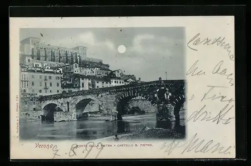 Mondschein-AK Verona, Ponte della Pietra, Castello S. Pietro