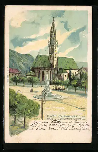 AK Bozen, Hohannesplatz mit Dom und Walther-Denkmal