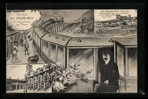 AK La Chaise-Dieu, Ortsansicht, Eisenbahn mit Bahnsteig und Reisenden